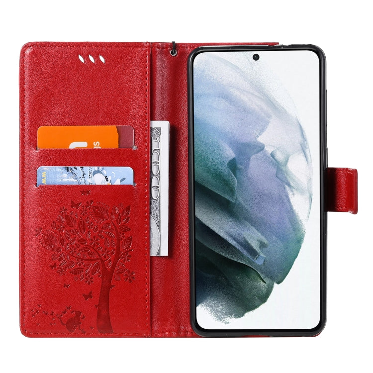 For Samsung Galaxy S21+ 5G Tree & Cat Pattern Pressed Printing Horizontal Flip PU Leather Case with Holder & Card Slots & Wallet & Lanyard