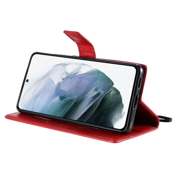 For Samsung Galaxy S21+ 5G Tree & Cat Pattern Pressed Printing Horizontal Flip PU Leather Case with Holder & Card Slots & Wallet & Lanyard