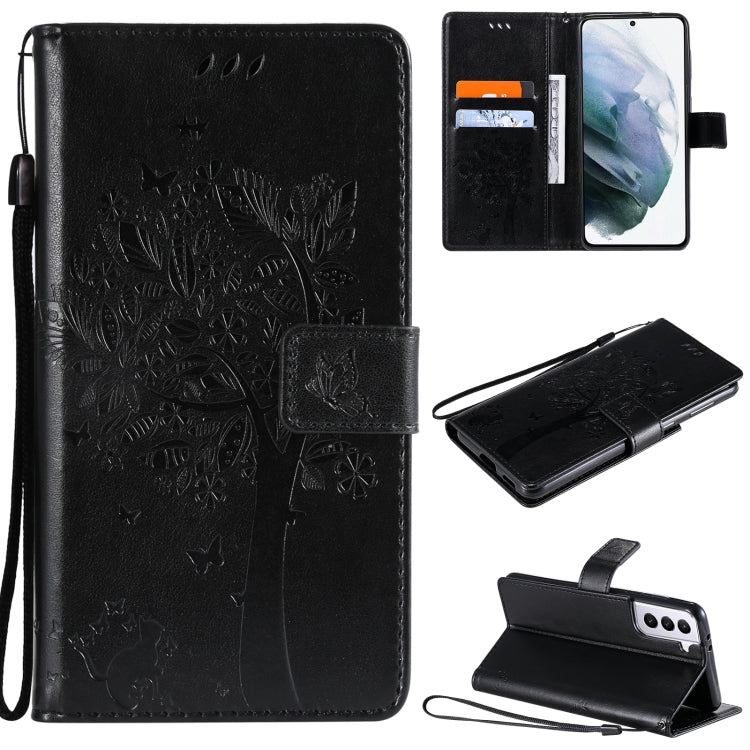 For Samsung Galaxy S21+ 5G Tree & Cat Pattern Pressed Printing Horizontal Flip PU Leather Case with Holder & Card Slots & Wallet & Lanyard