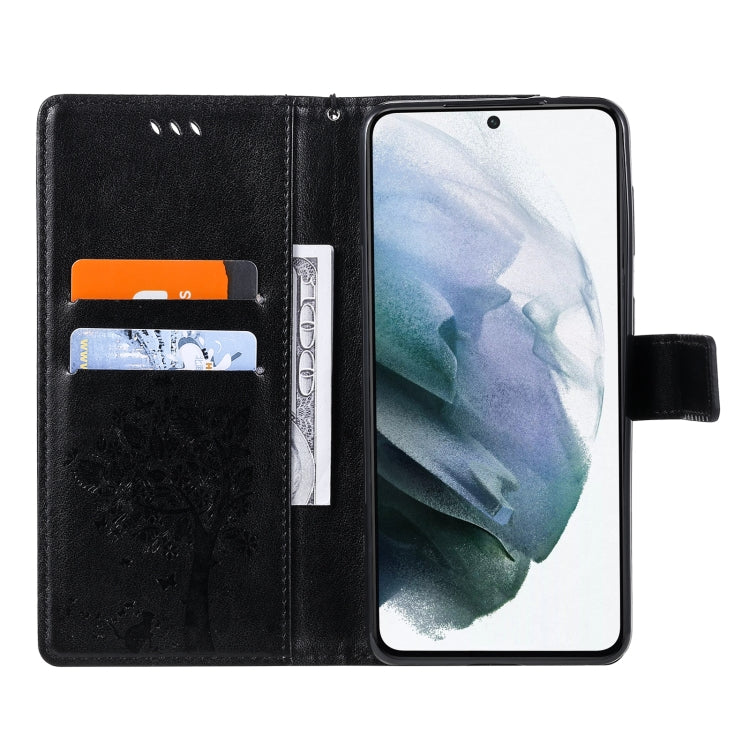 For Samsung Galaxy S21+ 5G Tree & Cat Pattern Pressed Printing Horizontal Flip PU Leather Case with Holder & Card Slots & Wallet & Lanyard