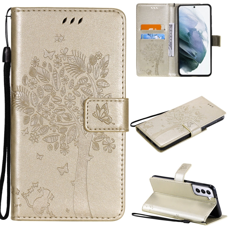 For Samsung Galaxy S21+ 5G Tree & Cat Pattern Pressed Printing Horizontal Flip PU Leather Case with Holder & Card Slots & Wallet & Lanyard