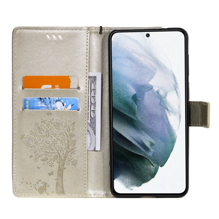 For Samsung Galaxy S21+ 5G Tree & Cat Pattern Pressed Printing Horizontal Flip PU Leather Case with Holder & Card Slots & Wallet & Lanyard