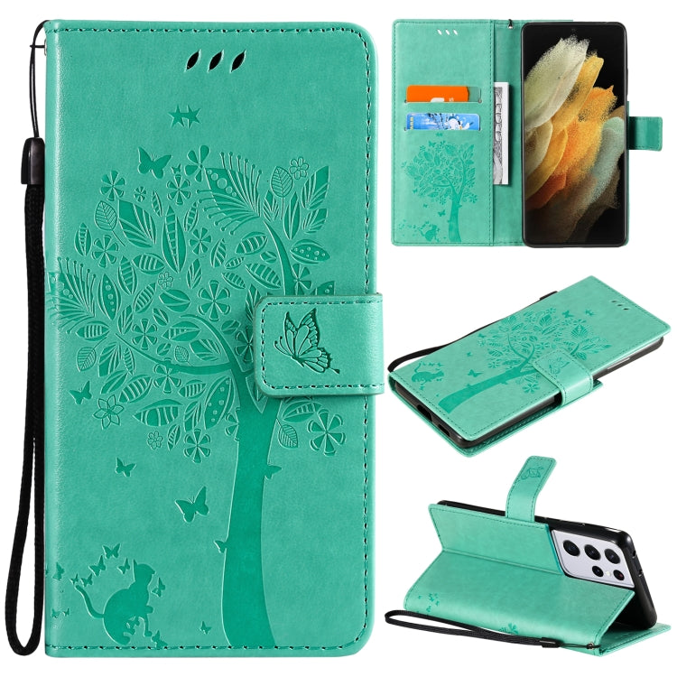 For Samsung Galaxy S21 Ultra 5G Tree & Cat Pattern Pressed Printing Horizontal Flip PU Leather Case with Holder & Card Slots & Wallet & Lanyard