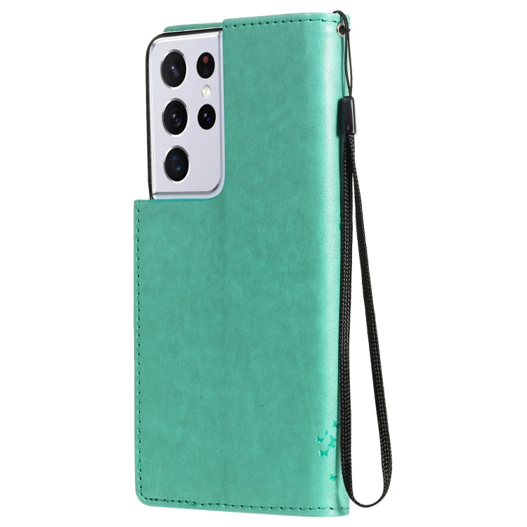 For Samsung Galaxy S21 Ultra 5G Tree & Cat Pattern Pressed Printing Horizontal Flip PU Leather Case with Holder & Card Slots & Wallet & Lanyard