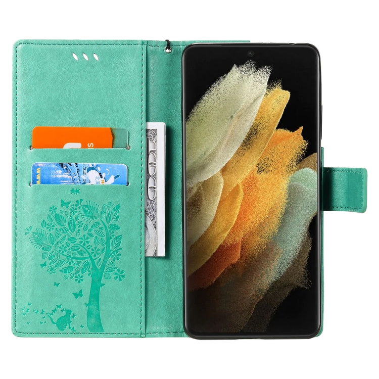 For Samsung Galaxy S21 Ultra 5G Tree & Cat Pattern Pressed Printing Horizontal Flip PU Leather Case with Holder & Card Slots & Wallet & Lanyard