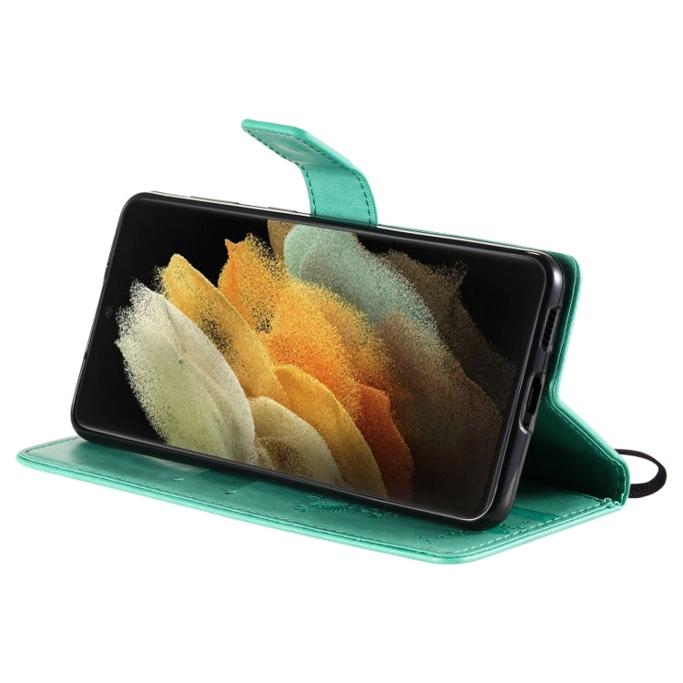 For Samsung Galaxy S21 Ultra 5G Tree & Cat Pattern Pressed Printing Horizontal Flip PU Leather Case with Holder & Card Slots & Wallet & Lanyard