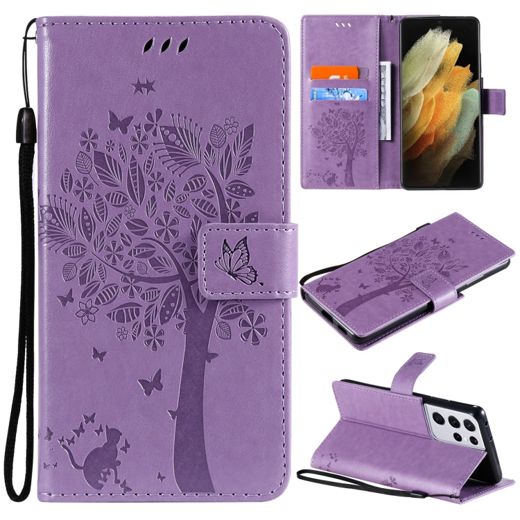 For Samsung Galaxy S21 Ultra 5G Tree & Cat Pattern Pressed Printing Horizontal Flip PU Leather Case with Holder & Card Slots & Wallet & Lanyard