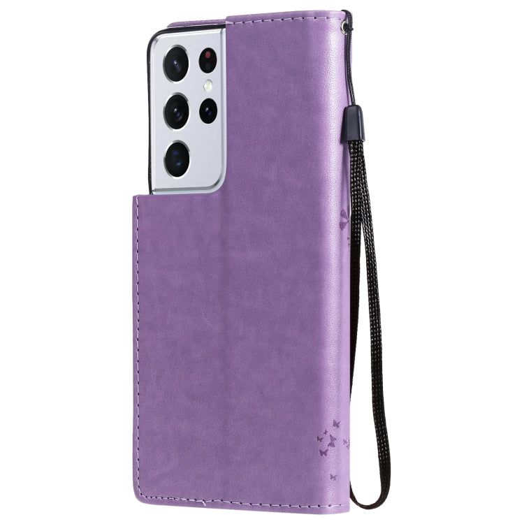 For Samsung Galaxy S21 Ultra 5G Tree & Cat Pattern Pressed Printing Horizontal Flip PU Leather Case with Holder & Card Slots & Wallet & Lanyard