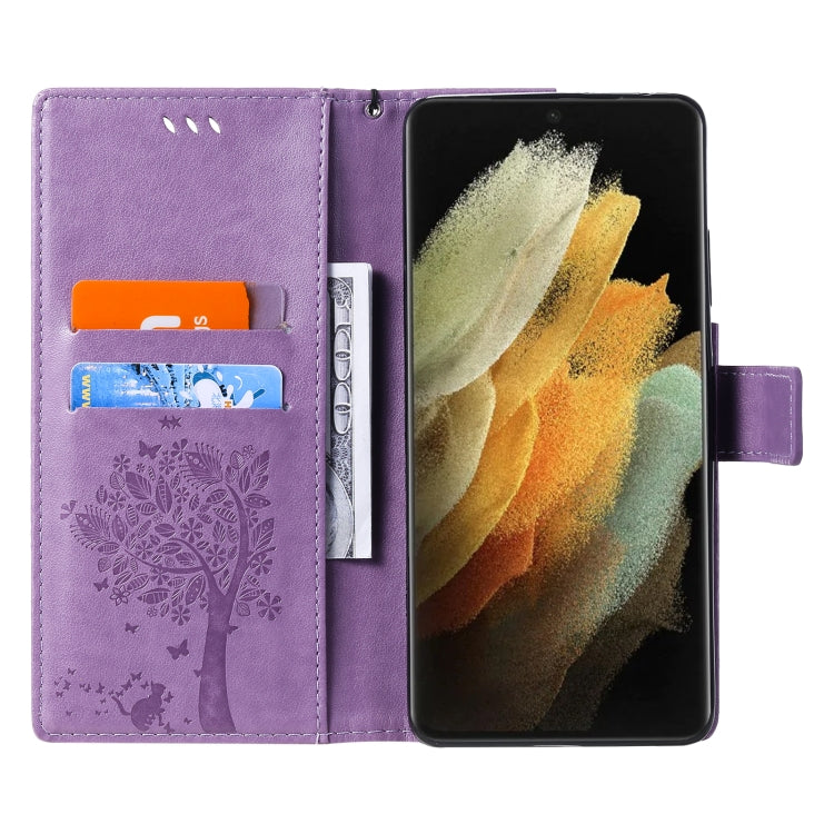 For Samsung Galaxy S21 Ultra 5G Tree & Cat Pattern Pressed Printing Horizontal Flip PU Leather Case with Holder & Card Slots & Wallet & Lanyard