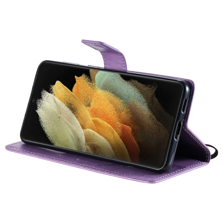 For Samsung Galaxy S21 Ultra 5G Tree & Cat Pattern Pressed Printing Horizontal Flip PU Leather Case with Holder & Card Slots & Wallet & Lanyard