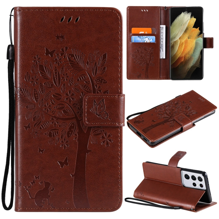 For Samsung Galaxy S21 Ultra 5G Tree & Cat Pattern Pressed Printing Horizontal Flip PU Leather Case with Holder & Card Slots & Wallet & Lanyard