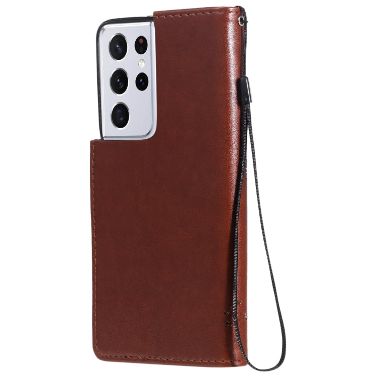 For Samsung Galaxy S21 Ultra 5G Tree & Cat Pattern Pressed Printing Horizontal Flip PU Leather Case with Holder & Card Slots & Wallet & Lanyard