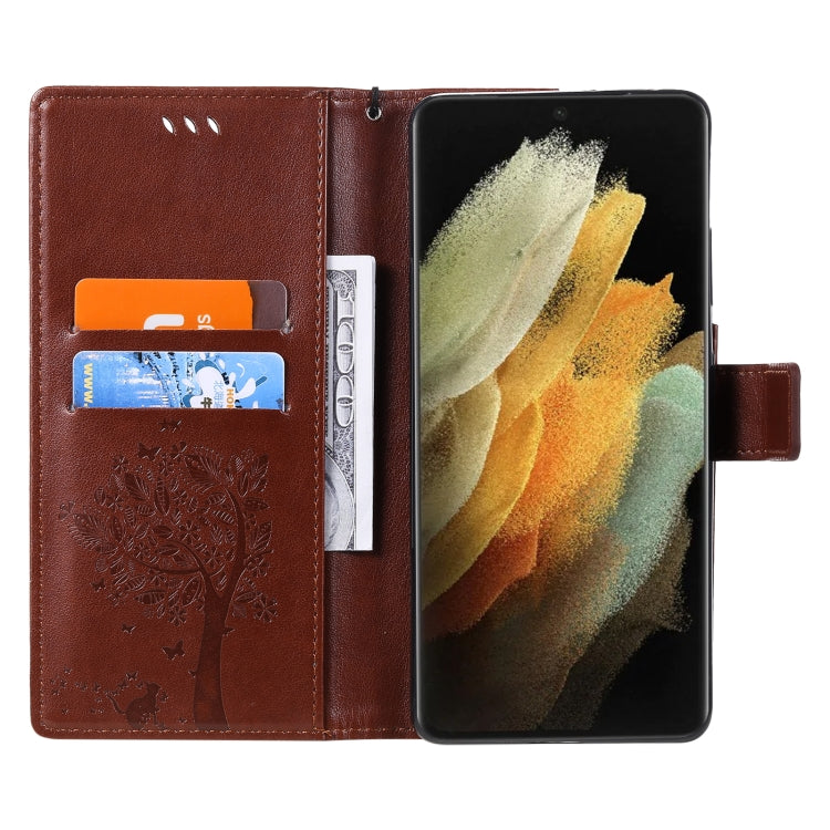 For Samsung Galaxy S21 Ultra 5G Tree & Cat Pattern Pressed Printing Horizontal Flip PU Leather Case with Holder & Card Slots & Wallet & Lanyard