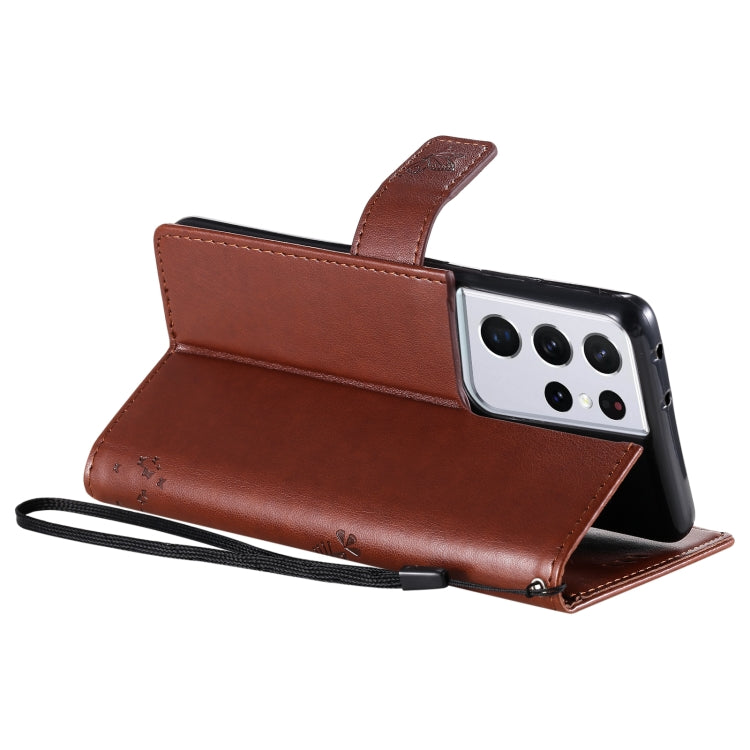 For Samsung Galaxy S21 Ultra 5G Tree & Cat Pattern Pressed Printing Horizontal Flip PU Leather Case with Holder & Card Slots & Wallet & Lanyard