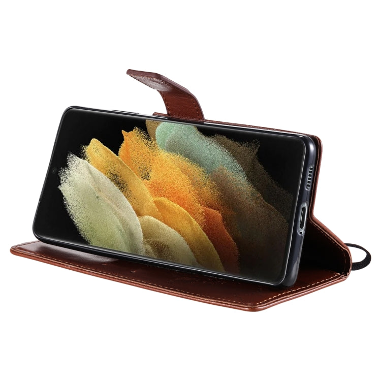 For Samsung Galaxy S21 Ultra 5G Tree & Cat Pattern Pressed Printing Horizontal Flip PU Leather Case with Holder & Card Slots & Wallet & Lanyard