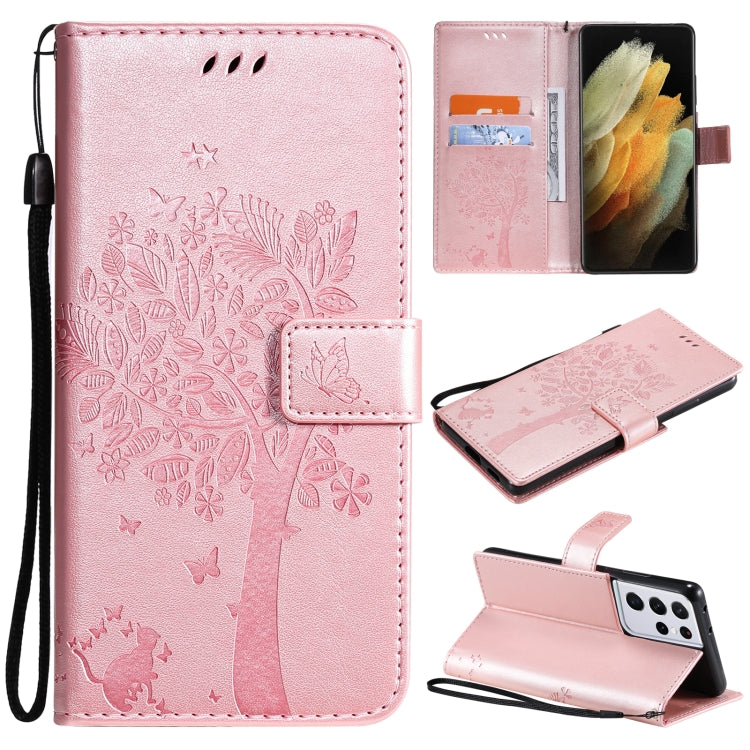 For Samsung Galaxy S21 Ultra 5G Tree & Cat Pattern Pressed Printing Horizontal Flip PU Leather Case with Holder & Card Slots & Wallet & Lanyard
