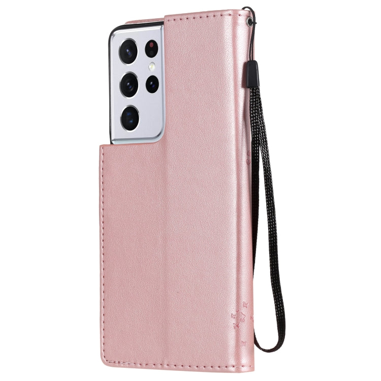 For Samsung Galaxy S21 Ultra 5G Tree & Cat Pattern Pressed Printing Horizontal Flip PU Leather Case with Holder & Card Slots & Wallet & Lanyard