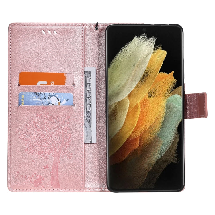 For Samsung Galaxy S21 Ultra 5G Tree & Cat Pattern Pressed Printing Horizontal Flip PU Leather Case with Holder & Card Slots & Wallet & Lanyard