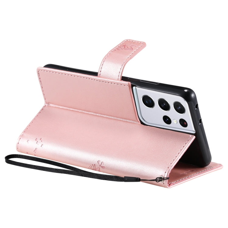 For Samsung Galaxy S21 Ultra 5G Tree & Cat Pattern Pressed Printing Horizontal Flip PU Leather Case with Holder & Card Slots & Wallet & Lanyard