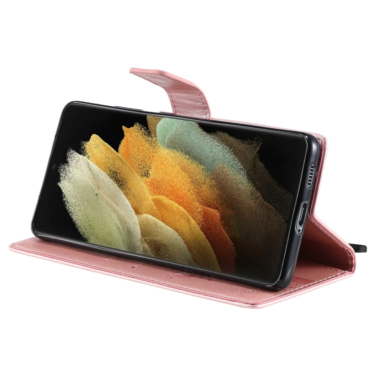 For Samsung Galaxy S21 Ultra 5G Tree & Cat Pattern Pressed Printing Horizontal Flip PU Leather Case with Holder & Card Slots & Wallet & Lanyard