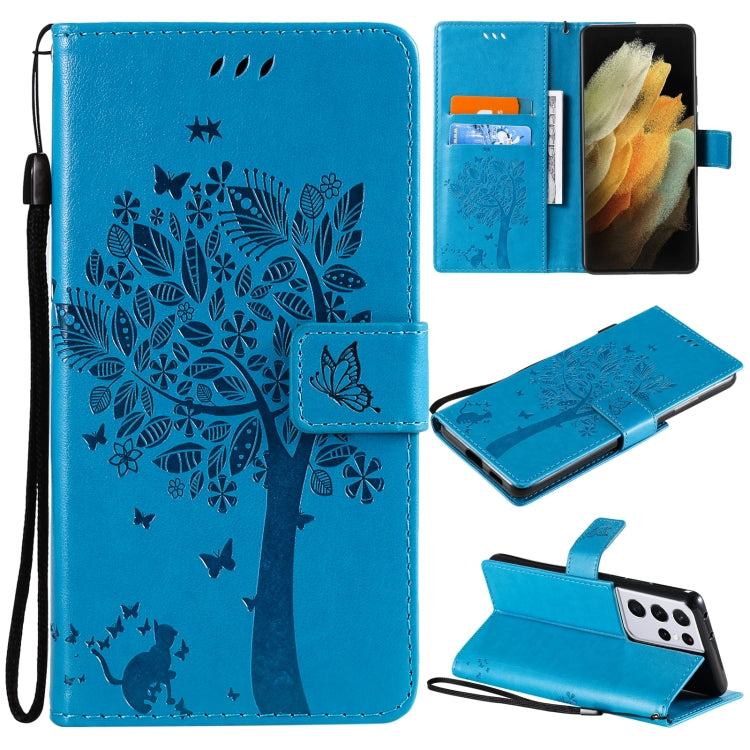 For Samsung Galaxy S21 Ultra 5G Tree & Cat Pattern Pressed Printing Horizontal Flip PU Leather Case with Holder & Card Slots & Wallet & Lanyard