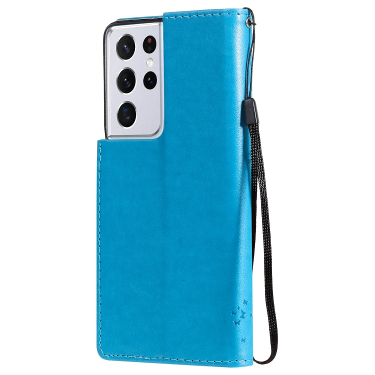 For Samsung Galaxy S21 Ultra 5G Tree & Cat Pattern Pressed Printing Horizontal Flip PU Leather Case with Holder & Card Slots & Wallet & Lanyard
