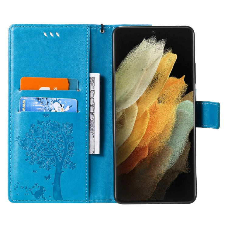 For Samsung Galaxy S21 Ultra 5G Tree & Cat Pattern Pressed Printing Horizontal Flip PU Leather Case with Holder & Card Slots & Wallet & Lanyard