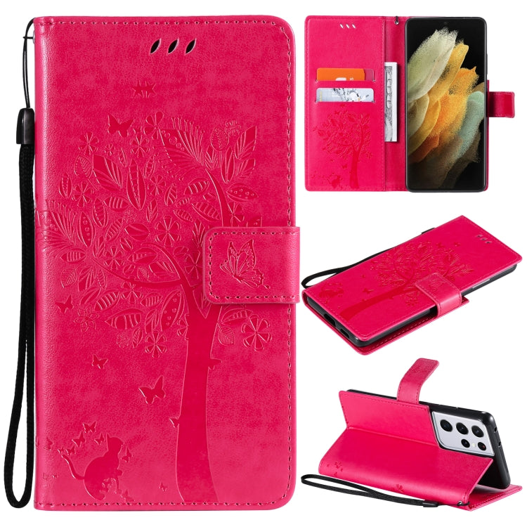 For Samsung Galaxy S21 Ultra 5G Tree & Cat Pattern Pressed Printing Horizontal Flip PU Leather Case with Holder & Card Slots & Wallet & Lanyard