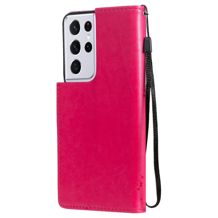 For Samsung Galaxy S21 Ultra 5G Tree & Cat Pattern Pressed Printing Horizontal Flip PU Leather Case with Holder & Card Slots & Wallet & Lanyard