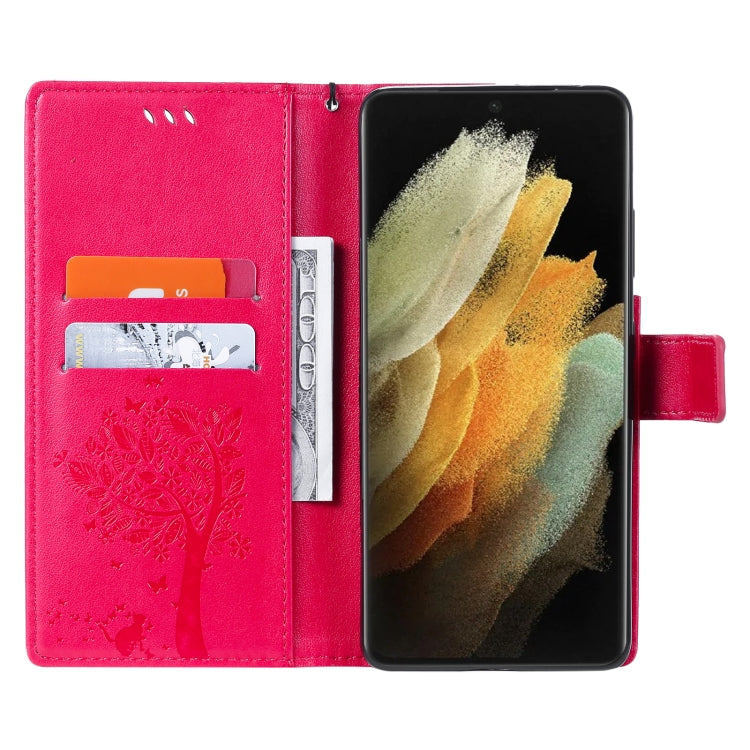 For Samsung Galaxy S21 Ultra 5G Tree & Cat Pattern Pressed Printing Horizontal Flip PU Leather Case with Holder & Card Slots & Wallet & Lanyard