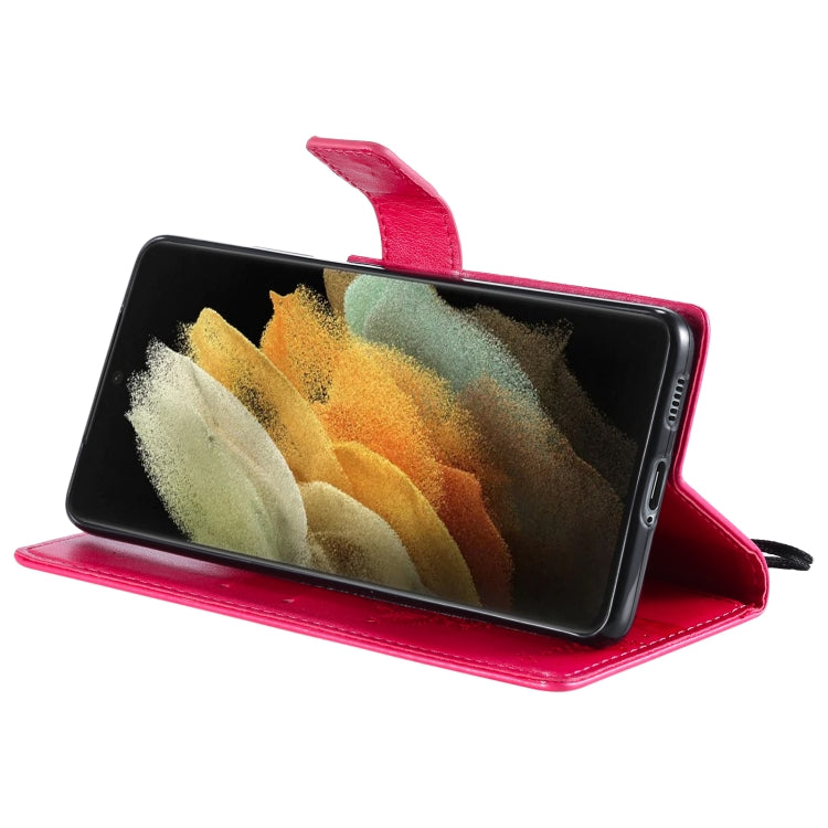 For Samsung Galaxy S21 Ultra 5G Tree & Cat Pattern Pressed Printing Horizontal Flip PU Leather Case with Holder & Card Slots & Wallet & Lanyard