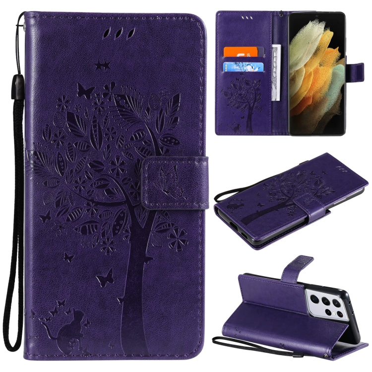 For Samsung Galaxy S21 Ultra 5G Tree & Cat Pattern Pressed Printing Horizontal Flip PU Leather Case with Holder & Card Slots & Wallet & Lanyard