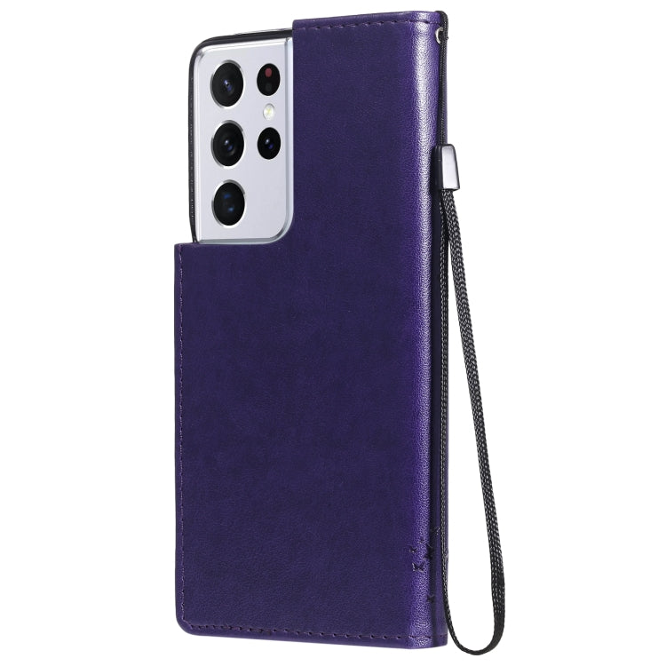 For Samsung Galaxy S21 Ultra 5G Tree & Cat Pattern Pressed Printing Horizontal Flip PU Leather Case with Holder & Card Slots & Wallet & Lanyard