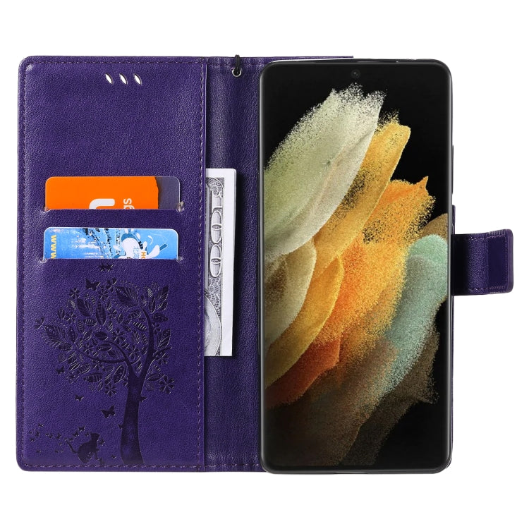 For Samsung Galaxy S21 Ultra 5G Tree & Cat Pattern Pressed Printing Horizontal Flip PU Leather Case with Holder & Card Slots & Wallet & Lanyard