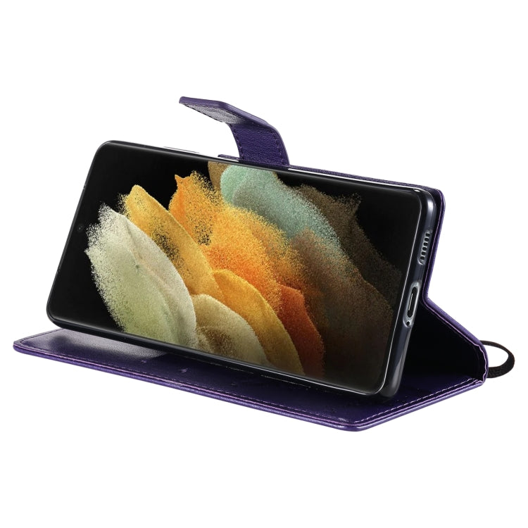 For Samsung Galaxy S21 Ultra 5G Tree & Cat Pattern Pressed Printing Horizontal Flip PU Leather Case with Holder & Card Slots & Wallet & Lanyard