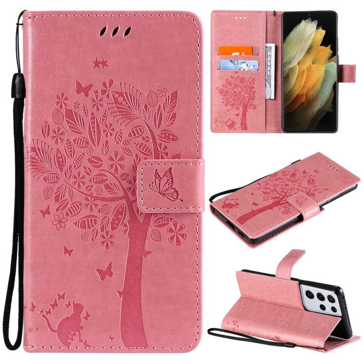 For Samsung Galaxy S21 Ultra 5G Tree & Cat Pattern Pressed Printing Horizontal Flip PU Leather Case with Holder & Card Slots & Wallet & Lanyard