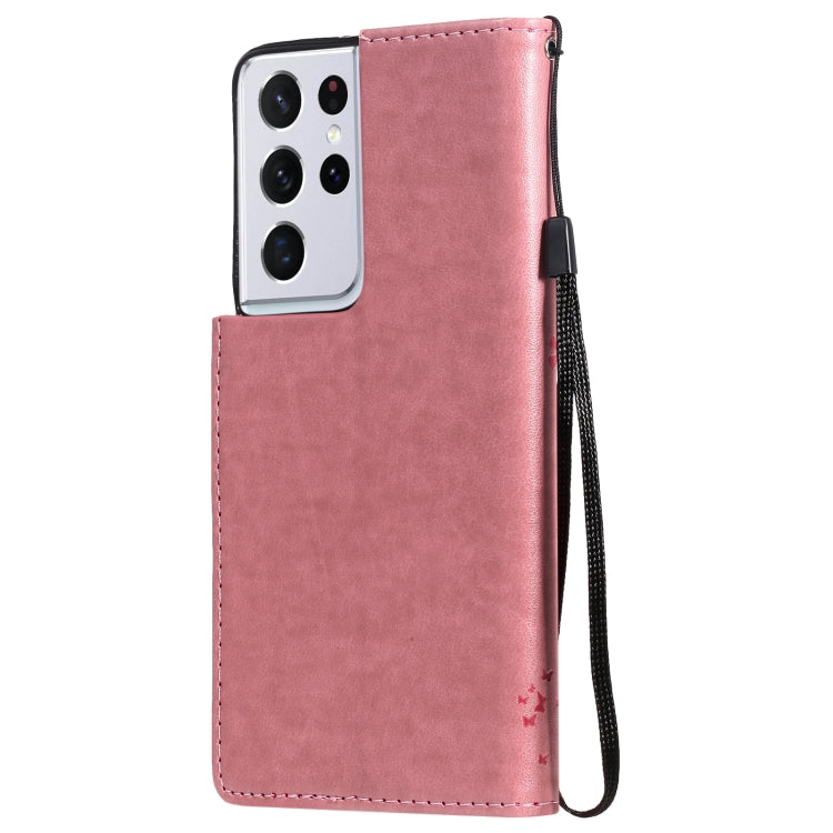 For Samsung Galaxy S21 Ultra 5G Tree & Cat Pattern Pressed Printing Horizontal Flip PU Leather Case with Holder & Card Slots & Wallet & Lanyard