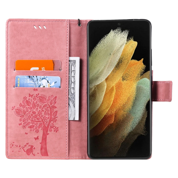 For Samsung Galaxy S21 Ultra 5G Tree & Cat Pattern Pressed Printing Horizontal Flip PU Leather Case with Holder & Card Slots & Wallet & Lanyard