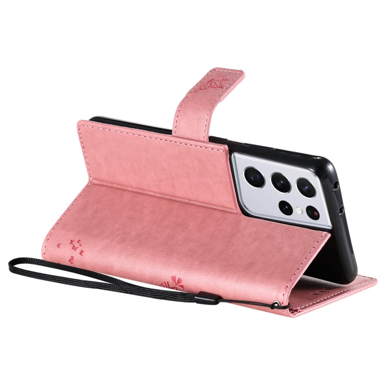 For Samsung Galaxy S21 Ultra 5G Tree & Cat Pattern Pressed Printing Horizontal Flip PU Leather Case with Holder & Card Slots & Wallet & Lanyard