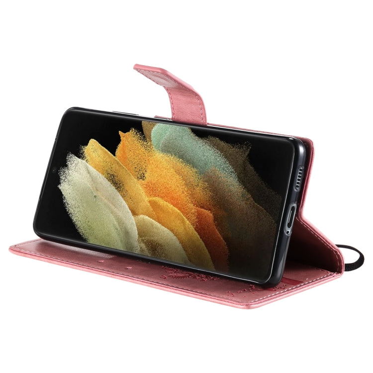 For Samsung Galaxy S21 Ultra 5G Tree & Cat Pattern Pressed Printing Horizontal Flip PU Leather Case with Holder & Card Slots & Wallet & Lanyard