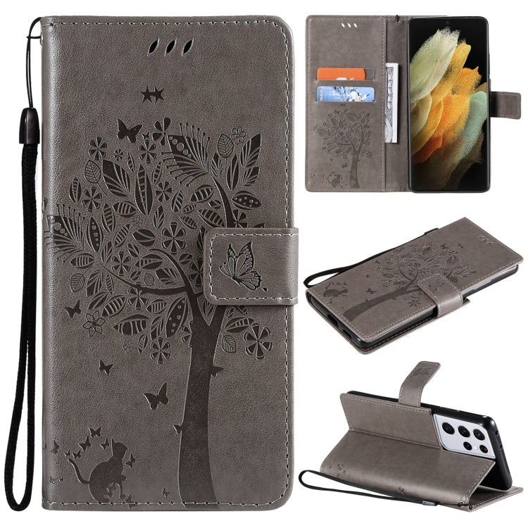 For Samsung Galaxy S21 Ultra 5G Tree & Cat Pattern Pressed Printing Horizontal Flip PU Leather Case with Holder & Card Slots & Wallet & Lanyard