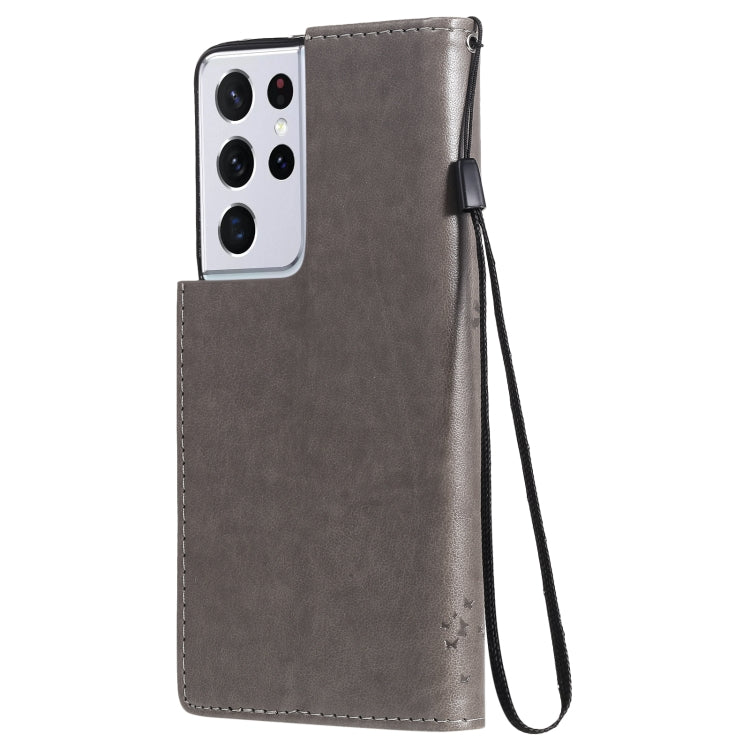 For Samsung Galaxy S21 Ultra 5G Tree & Cat Pattern Pressed Printing Horizontal Flip PU Leather Case with Holder & Card Slots & Wallet & Lanyard