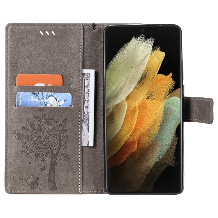 For Samsung Galaxy S21 Ultra 5G Tree & Cat Pattern Pressed Printing Horizontal Flip PU Leather Case with Holder & Card Slots & Wallet & Lanyard
