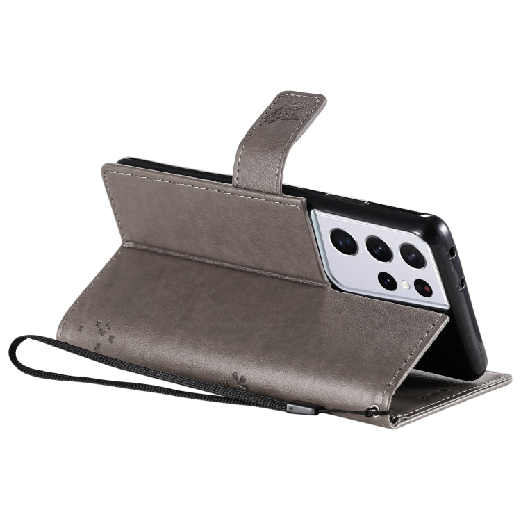 For Samsung Galaxy S21 Ultra 5G Tree & Cat Pattern Pressed Printing Horizontal Flip PU Leather Case with Holder & Card Slots & Wallet & Lanyard