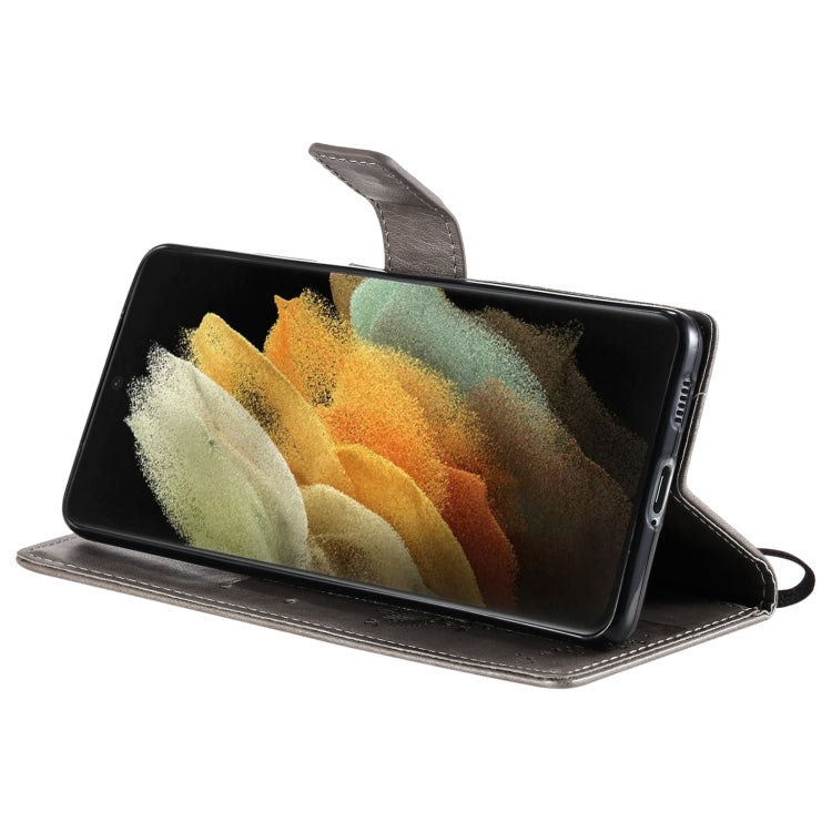 For Samsung Galaxy S21 Ultra 5G Tree & Cat Pattern Pressed Printing Horizontal Flip PU Leather Case with Holder & Card Slots & Wallet & Lanyard
