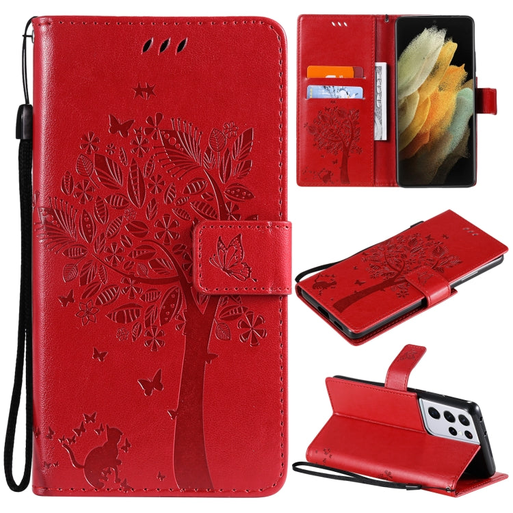 For Samsung Galaxy S21 Ultra 5G Tree & Cat Pattern Pressed Printing Horizontal Flip PU Leather Case with Holder & Card Slots & Wallet & Lanyard