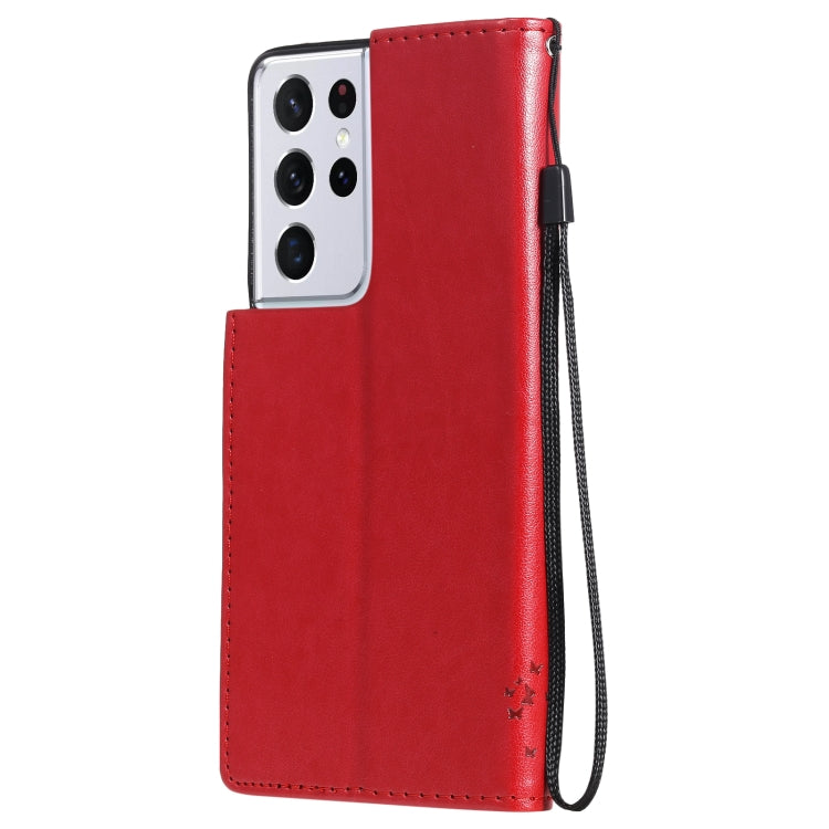 For Samsung Galaxy S21 Ultra 5G Tree & Cat Pattern Pressed Printing Horizontal Flip PU Leather Case with Holder & Card Slots & Wallet & Lanyard