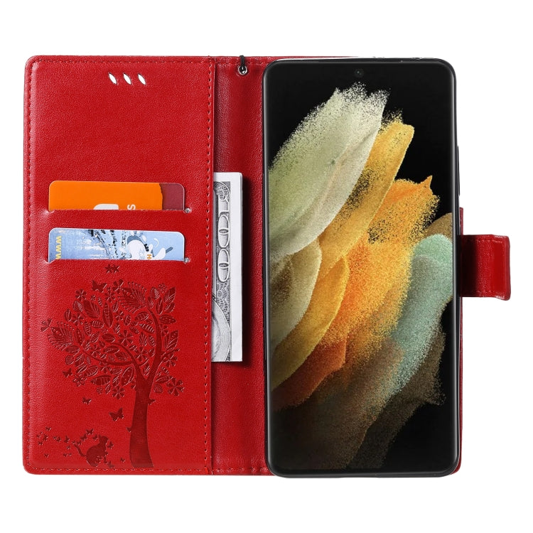 For Samsung Galaxy S21 Ultra 5G Tree & Cat Pattern Pressed Printing Horizontal Flip PU Leather Case with Holder & Card Slots & Wallet & Lanyard
