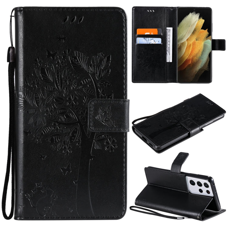 For Samsung Galaxy S21 Ultra 5G Tree & Cat Pattern Pressed Printing Horizontal Flip PU Leather Case with Holder & Card Slots & Wallet & Lanyard