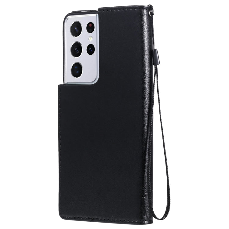 For Samsung Galaxy S21 Ultra 5G Tree & Cat Pattern Pressed Printing Horizontal Flip PU Leather Case with Holder & Card Slots & Wallet & Lanyard